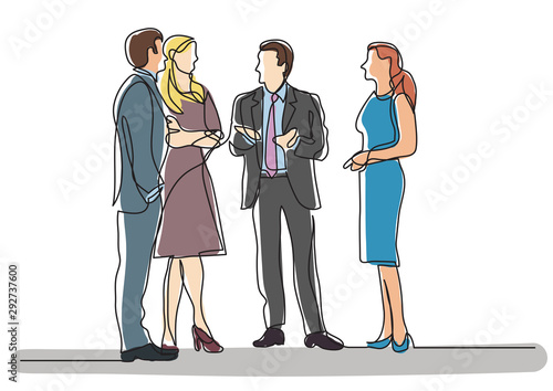 continuous line drawing of business professionals standing meeting