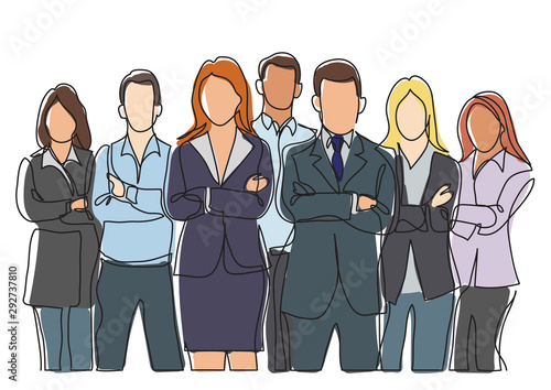 continuous line drawing of business team standing with crossed arms