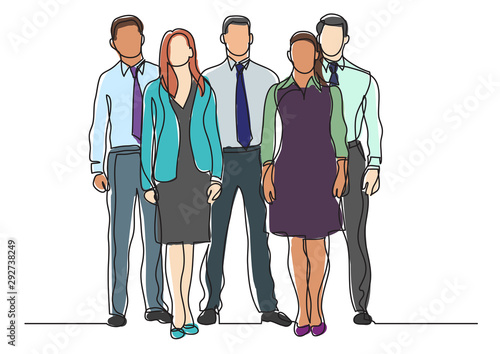 continuous line drawing of four business professionals standing confident
