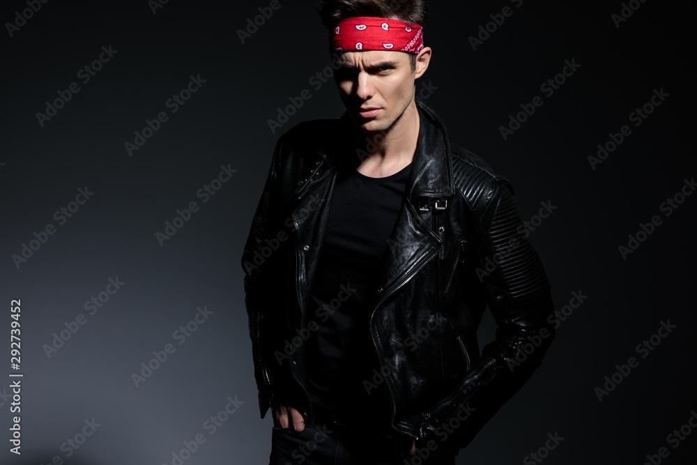 fashion model wearing leather jacket 