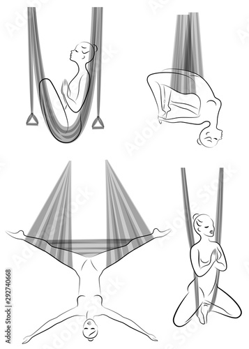 Collection. Fly yoga. Yoga in a hammock. Silhouette of a slender girl who goes in for sports, meditation. Good for your health. Vector illustration, set