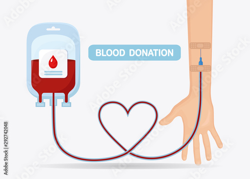 Blood bag with red drop and volunteer hand isolated on whit background. Donation, transfusion in medicine laboratory concept. Pack of plasma with heart. Save patient life. Vector flat design