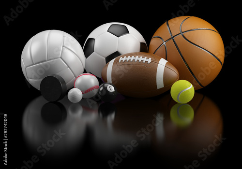 Group of Sports balls  football basketball volleyball baseball soccer tennis billiard golf ball and hockey puck on black background - 3d rendering