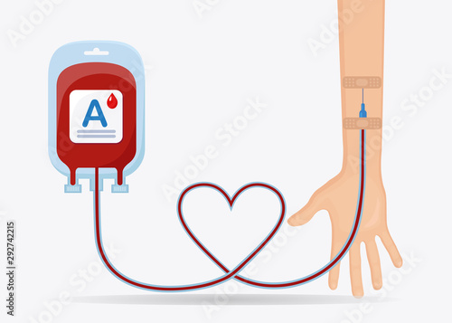 Blood bag with red drop isolated on white background. Donation, transfusion in medicine laboratory concept. Save patient life. Vector flat design