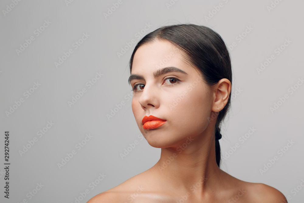 Beautiful young woman portrait red lips make up Beautiful young woman portrait red lips make up