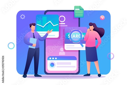Young people stand near the mobile phone screen, testing the program and mobile application. Flat 2D character. Concept for web design