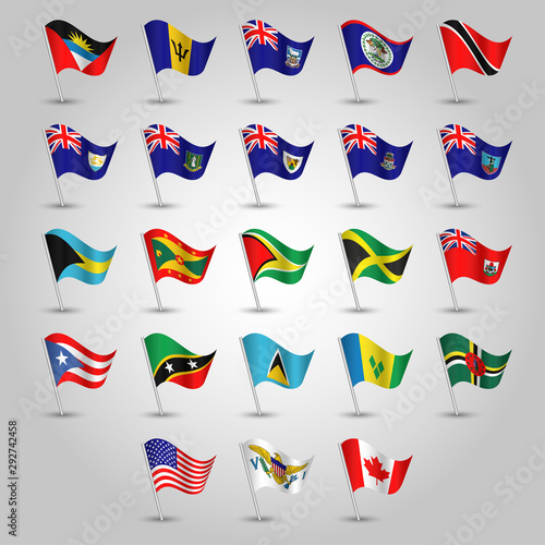 vector set of waving flags anglo american on silver pole - icon of states united states of america, canada and other