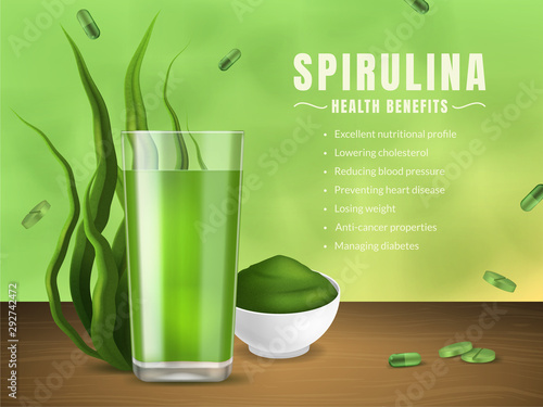 Realistic 3d Detailed Spirulina Product Ad Concept Card Background. Vector
