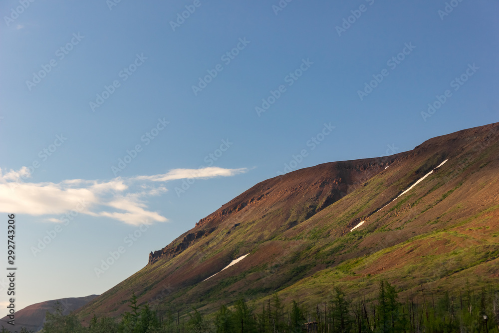 Tundra and mountains of Putorana plateau. The landscape of the tundra, the Putorana plateau, Siberia, Russia.