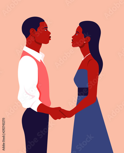 A man and a woman hold hands and look at each other. Profile of a couple in love. Date. Vector flat illustration