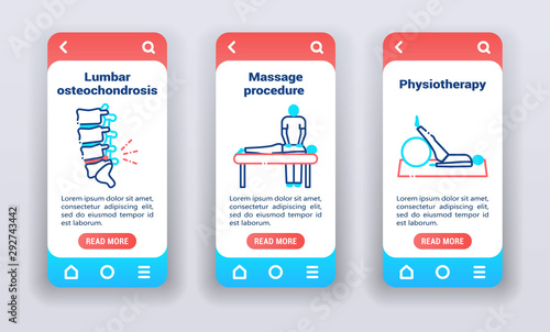 Orthopedic treatment on mobile app onboarding screens. UI UX GUI template.