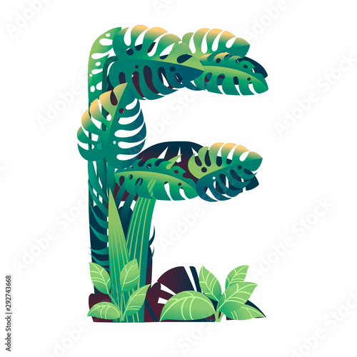 Leaf letter E with diffirent types of green leaves and foliage flat vector illustration isolated on white background