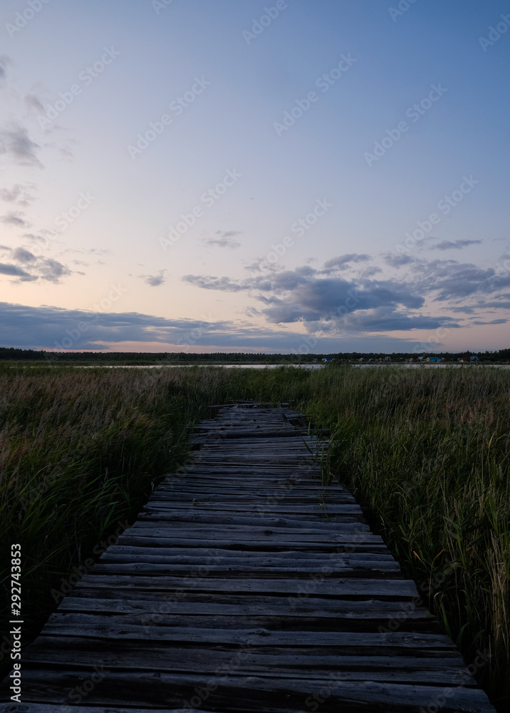 Wooden platform on the shore of the lake. Landscape With An Old Wooden Platform With A View Of The Reeds 
