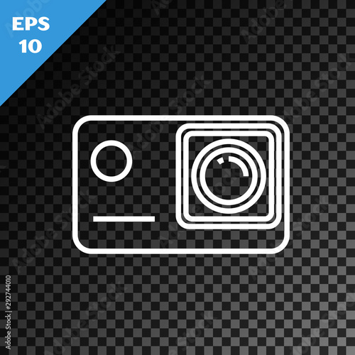White line Action extreme camera icon isolated on transparent dark background. Video camera equipment for filming extreme sports. Vector Illustration