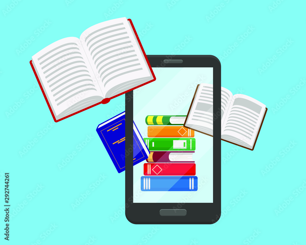 Online reading, learning or education concept. Books in the smartphone and flying books around. Vector illustration. Online reading, learning or education concept. Books in the smartphone and flying books around. Vector illustration.