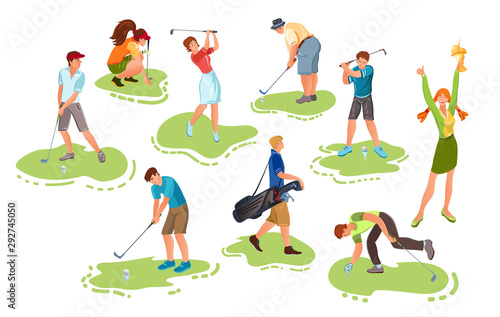 Set of people playing golf on grass vector illustration