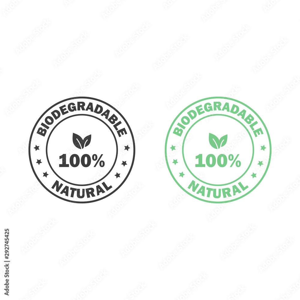 Plastic free. 100% Biodegradable and compostable icon. Round green and black symbol.