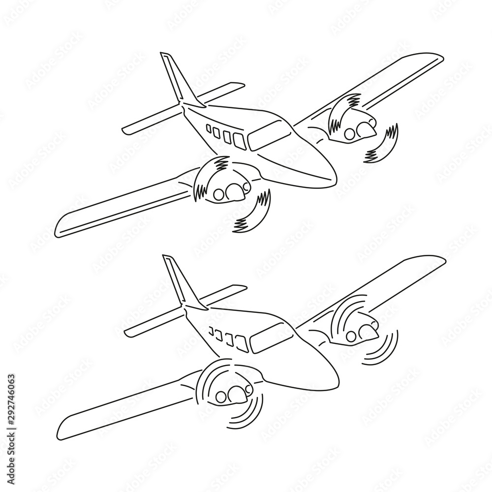 Private plane vector illustration icon. Twin engine propelled aircraft. Line art Private plane vector illustration icon. Twin engine propelled aircraft. Line art