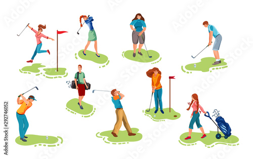 Set of young people playing golf on grass vector illustration