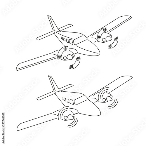 Private plane vector illustration icon. Twin engine propelled aircraft. Line art