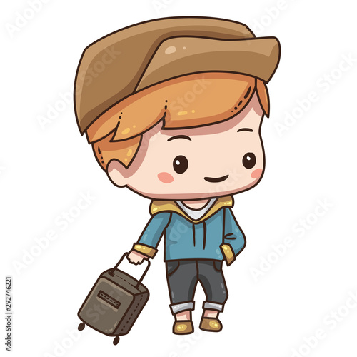Vector illustration of cute chibi character isolated on white background. Cartoon tourist with travel bag.