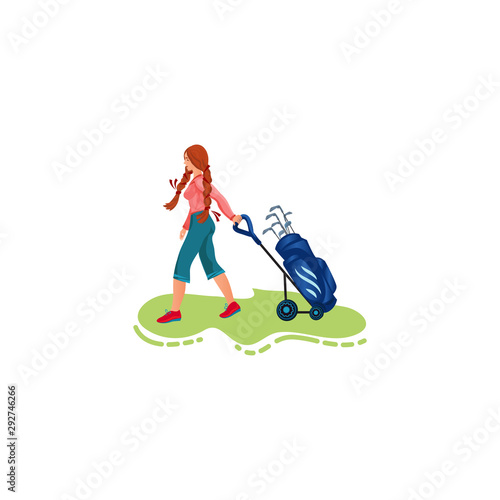 Woman carrying bag for golf clubs on wheels vector illustration