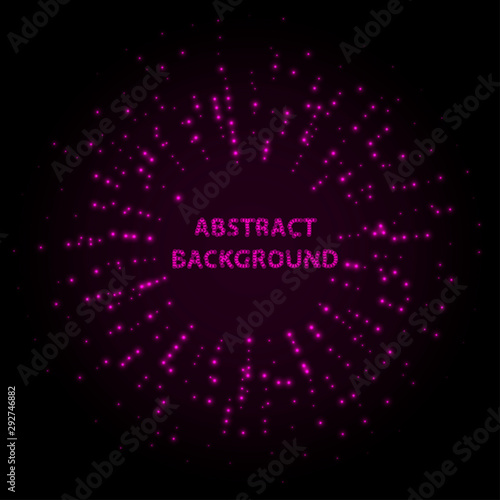 Abstract stipple background. Pink Luminous circles. Purple elegant glowing circle. Violet light ring. Sparking particles. Colorful ellipse. Bright border.