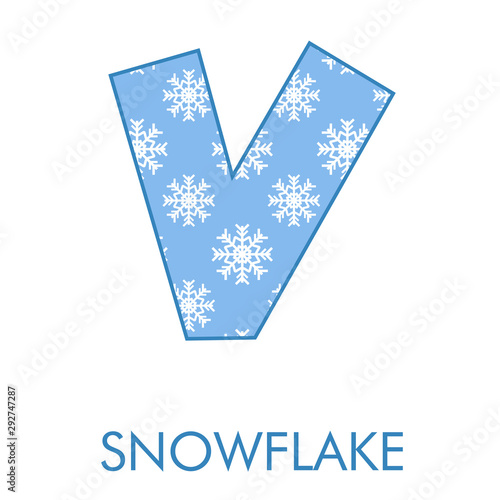 Logotipo letra V con patrón con estrellas de nieve en blanco y azul