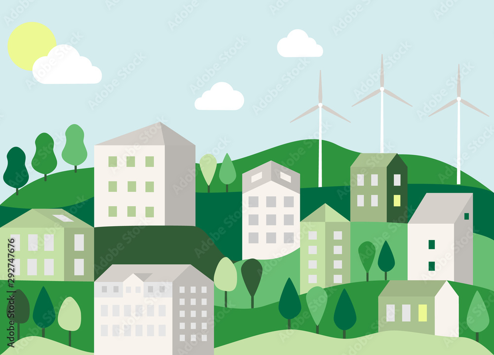 Eco-friendly smart city flat style. Cityscape with green trees, buildings and wind farms. Geometric concept. Clean city without pollution and harmful emissions. Vector stock illustration.