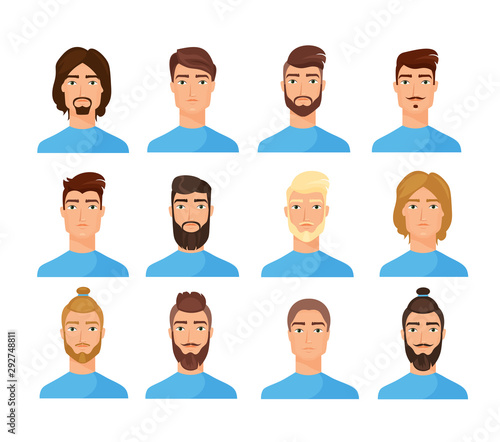 Male faces flat vector illustrations set. Cartoon men characters pack. Trendy appearance changing concept. People portraits, cliparts collection on white background isolated drawing.