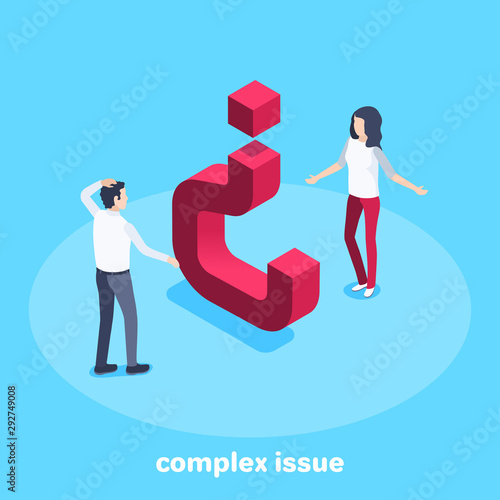 isometric vector image on a blue background, a man and a woman are looking at an inverted question mark, a difficult question or complex issue
