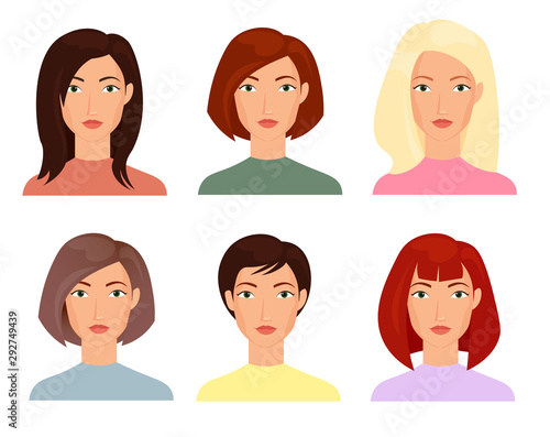 Female faces flat vector illustrations set. Blonde, brunet women with short and long trendy haircuts cartoon characters pack. People portraits, cliparts collection on white background isolated drawing