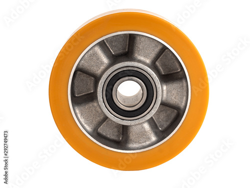 An industrial wheel made of aluminum and polyurethane