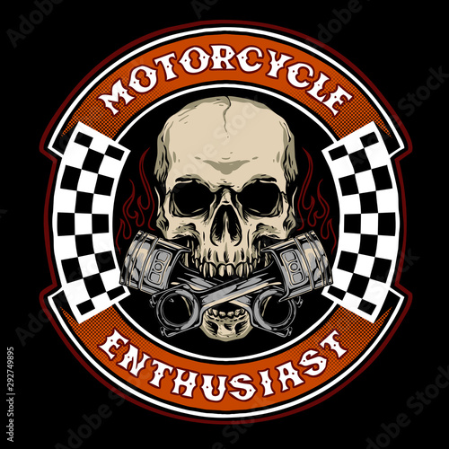 Fototapeta Naklejka Na Ścianę i Meble -  skull biker with piston suitable for motorcycle base merchandise or logo service garage