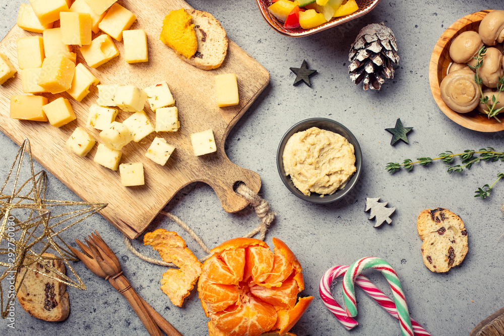 Christmas dinner party table, holiday vegeterian food concept background, top view, flat lay Christmas dinner party table, holiday vegeterian food concept background, top view, flat lay