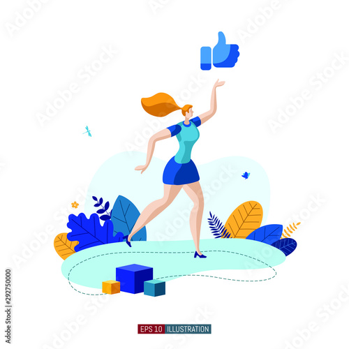 Trendy flat illustration. Girl with like. Concept for social media. Template for your design works. Vector graphics.