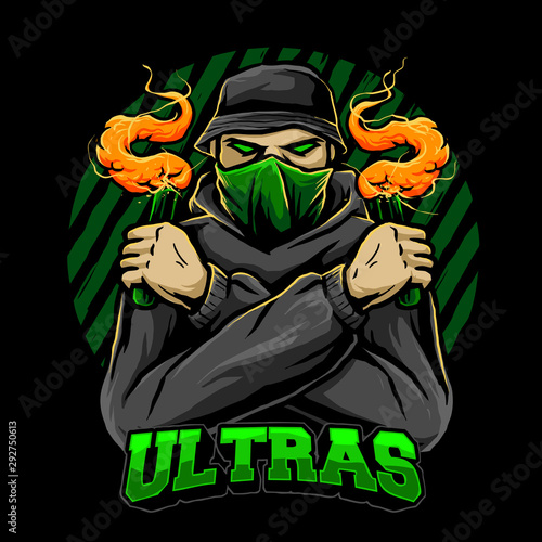 ultras soccer supporter with smoke bomb or pyro with black hoodie vector illustration