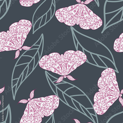 Vector Magical Moths on Dark Leaves seamless pattern background.