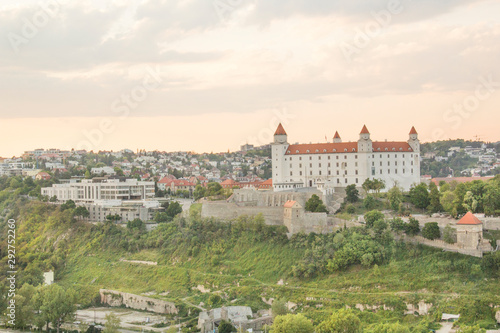 Beautiful view of the Bratislava castle on the banks of the Danube in the old town of Bratislava, Slovakia on a sunny summer day