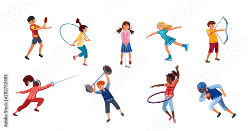 Set of children doing various kinds of sports activities. Vector illustration in flat cartoon style © greenpicstudio