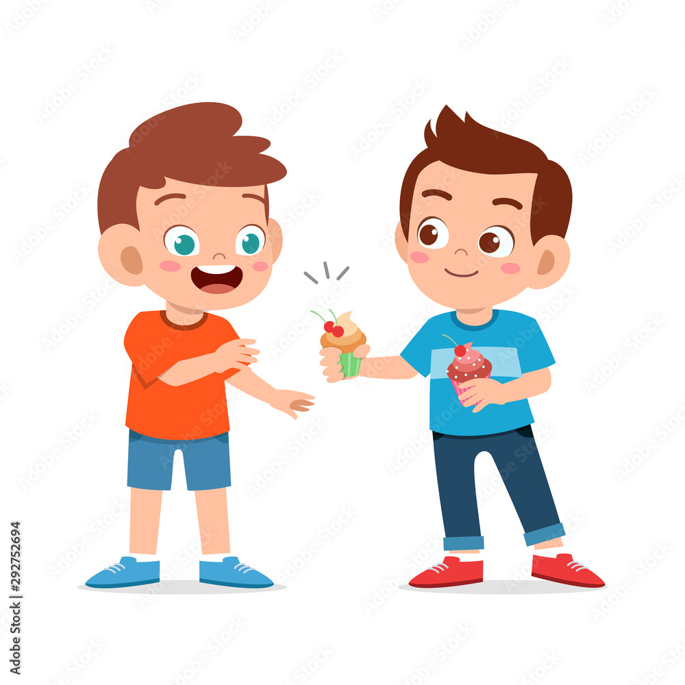 happy cute kid boy give friend cupcake happy cute kid boy give friend cupcake