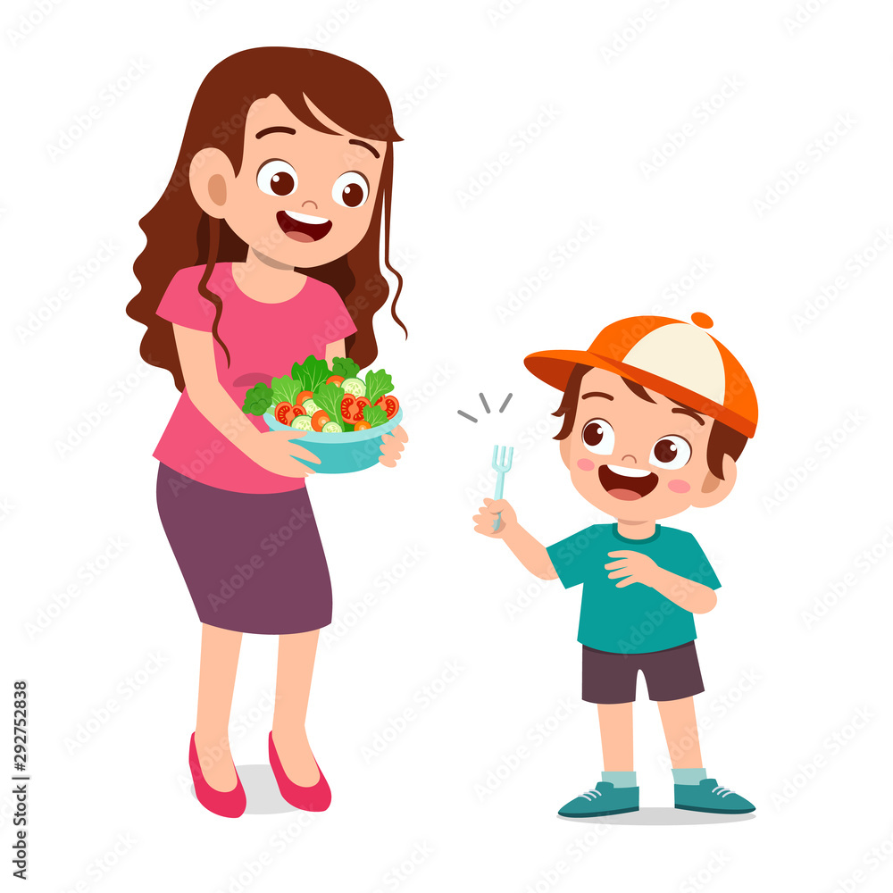 cute happy kid eat salad vegetable fruits cute happy kid eat salad vegetable fruits