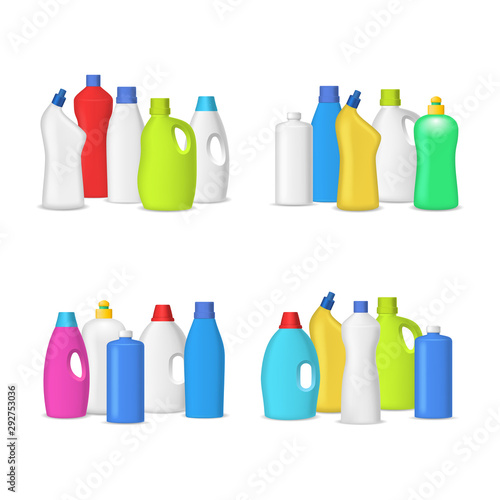 Realistic Detailed 3d Blank Detergent Bottles Template Mockup Group. Vector