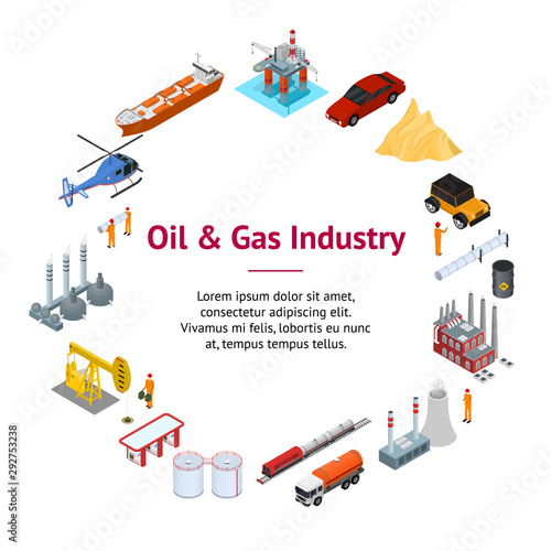 Oil Gas Industry Concept Banner Card Circle 3d Isometric View. Vector