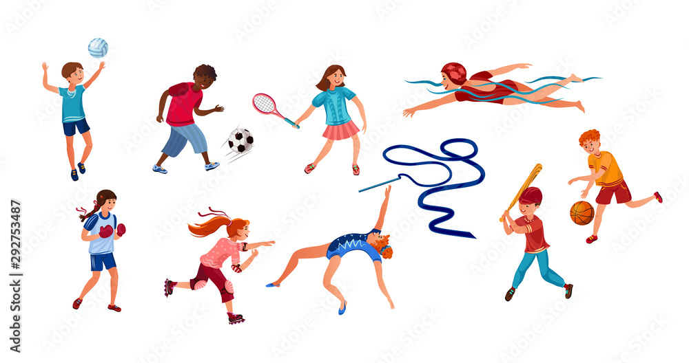 Fototapeta Set of children doing various kinds of sports activities. Vector illustration in flat cartoon style