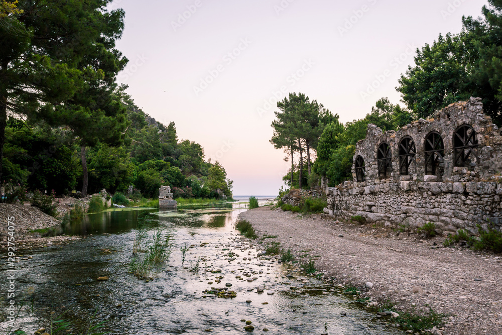 View on the ancient ruins of Lycian town of Olympos, Turkey.