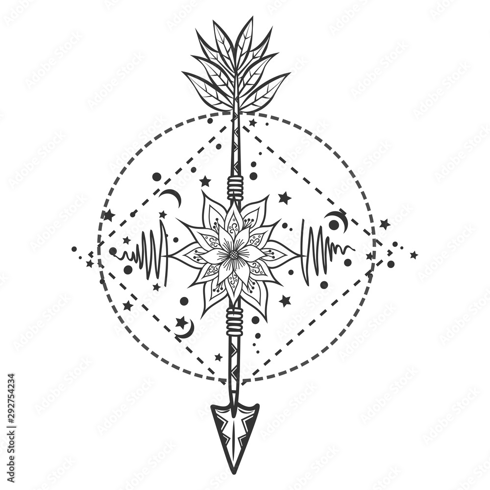 Modern tattoo flash flower with arrow. Art festival poster with star ...