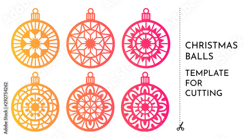 Template of Christmas balls for cutting. Set of elements. Christmas tree decoration for laser cutting, drawing, printing.