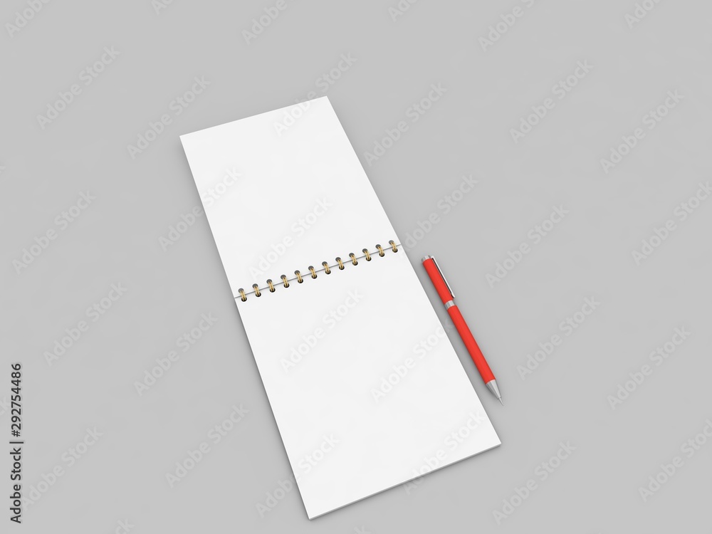 Paper notebook and pen on a gray background. 3d render illustration. Paper notebook and pen on a gray background. 3d render illustration.