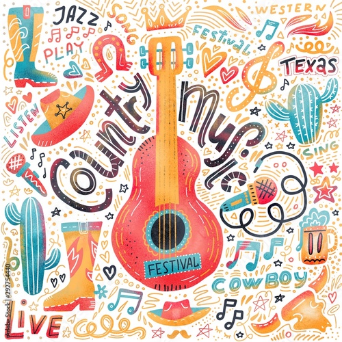 Quadro su tela Set of Country music elements for postcards or festival banners